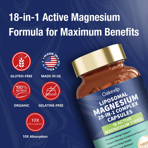 29-in-1 Liposomal 18 Active Types Magnesium Complex 1400MG Capsule,L-Threonate Glycinate Malate etc,Mild & Efficient,Extra Vitamin B6 B12 D3K2 & CoQ10, Relaxation Nerve* & Hert* Support Oakevlp buy supplements Au