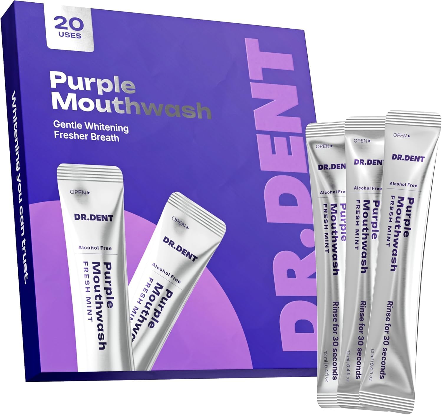 DR.DENT Purple Mouthwash for Teeth Whitening - Color Correcting Mouthwash Sachets - Peroxide Free, Alcohol Free - Freshens Breath, Supports Gum Health