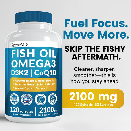 4-in-1 Fish Oil Omega 3 Fatty Supplements (2100mg) - Omega 3 Fish Oil with Vitamins D3 K2 and CoQ10 - Lemon Flavored (120 softgels) PrimeMD buy supplements Au
