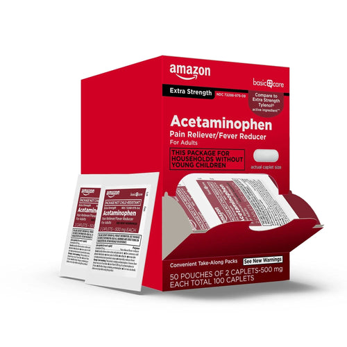 Amazon Basic Care Extra Strength Acetaminophen Caplets 500 mg, Pain Reliever and Fever Reducer, Gentle on Stomach, For Arthritis Pain, Backache Pain and More, 50 Packets of 2 Capsules Each, 100 Count Amazon Basic CareBuy Supplements Australia