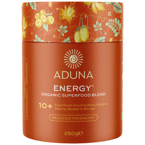 Aduna Energy organic superfood blend container with decorative lid on a white background