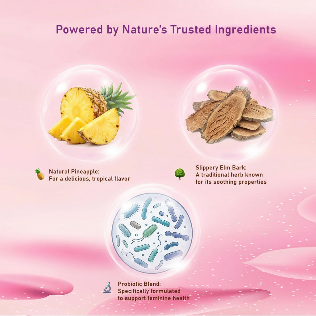 QZQHUA Women's Probiotics Gummies with Slippery Elm – Vaginal Health, Gut Health & pH Balance Support, Pineapple Flavor – Gluten Free, Vegan (30 Servings)（Q2）