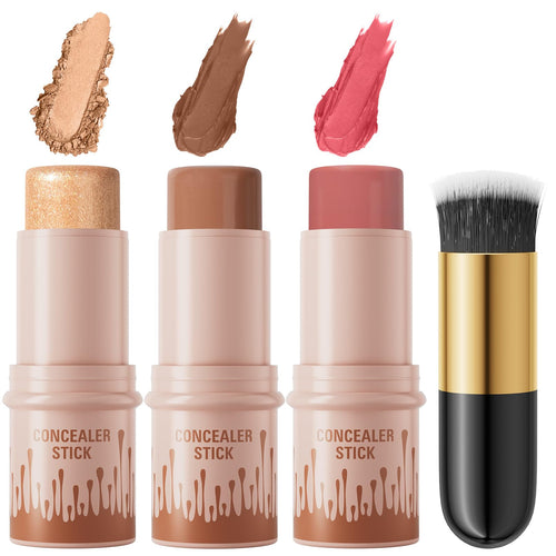 3Pcs Cream Contour Sticks Kit, Highlighter Stick Blush Stick Cream Contour Kit Makeup Set with Brush,Face Brightens & Shades Contour Stick Waterproof for Women QICBuy Supplements Australia