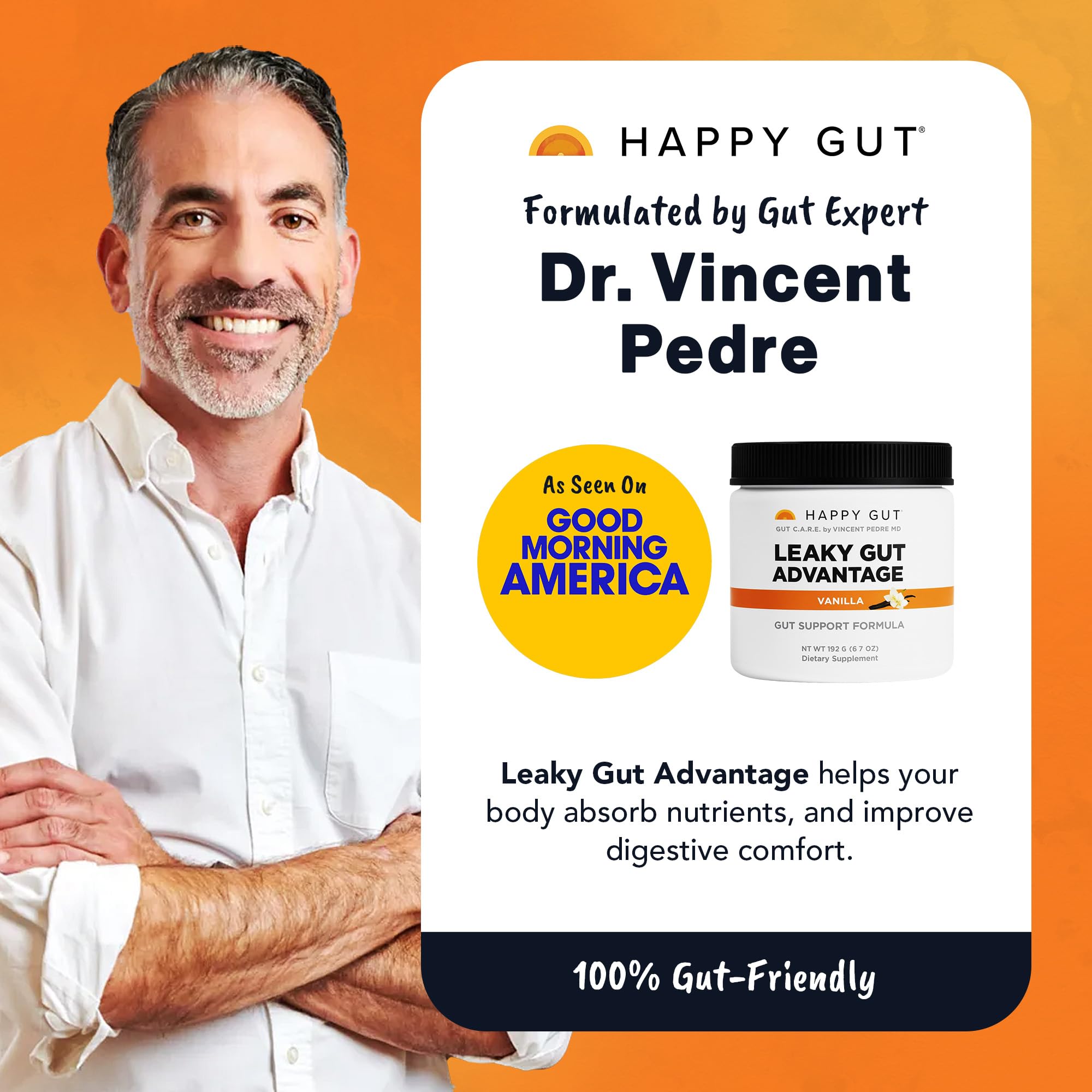 HAPPY GUT Leaky Gut Advantage - Doctor-Formulated Supplement for Discomfort - L-Glutamine, N-Acetyl-D-Glucosamine, Aloe Vera, DGL, Zinc - Vanilla Flavor, 192g