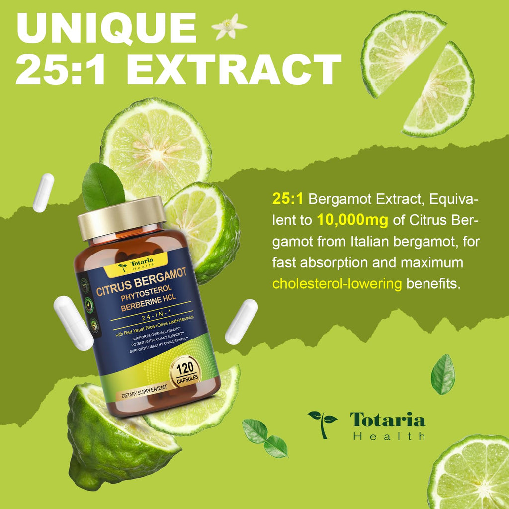 Citrus Bergamot Supplement for High Cholesterol - Italian Citrus Bergamot & Plant Sterols Stanols Natural Way to Balance Cholesterol Level, Cholesterol Lowering Supplements, Vegan, Non-GMO, 120 Counts TotariaBuy Supplements Australia