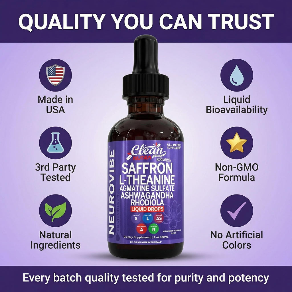 Saffron Supplements Liquid Drops L-Theanine Agmatine Sulfate Ashwagandha Magnesium Glycinate B6 Magnesium Stress Relief Mood Support 5-HTP GABA Supplement Vitamin D 4oz by Clean Nutra