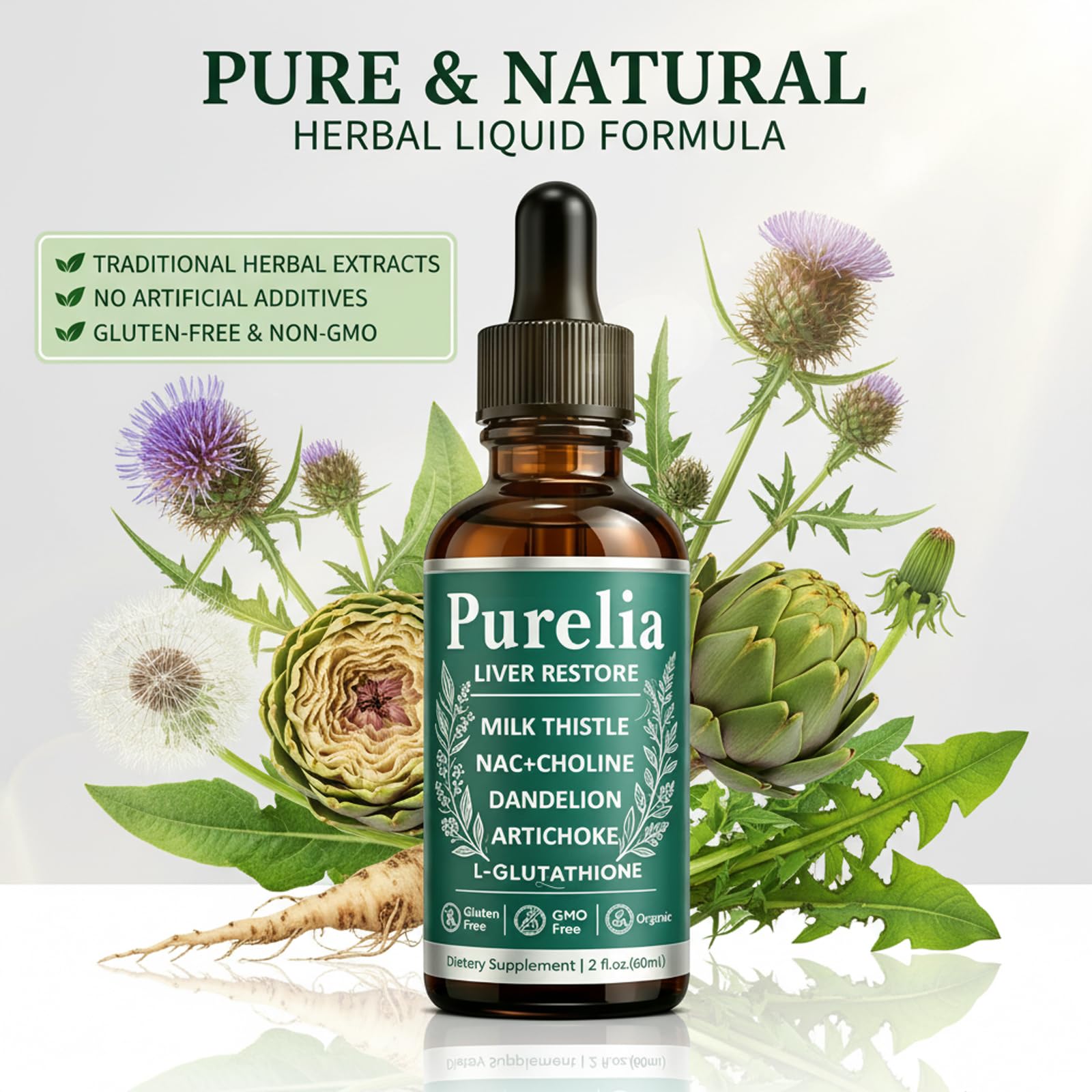 Purelia Liver Restore, 2.02FL OZ Liver Restore Drops, Complete Liver Support Supplement with Milk Thistle, Dandelion Root, L-Glutathione & Choline for Natural Balance & Liver Cleanse