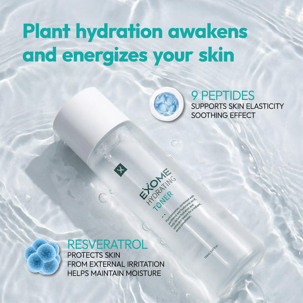 Exome Hydrating Toner, Greenery Aqua Base Starter for Glow Skin, Resveratrol Protective Barrier & 9-Peptide Complex for Elasticity & Wrinkle Care