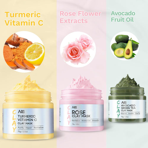 ANAI RUI 3 Pack Clay Mask Set Turmeric Vitamin C Clay Mask -Rose Facial Mask -Avocado Green Tea Mud Mask Smoothing, Hydration & Glow,Spa Gift Set