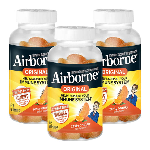 Airborne 750mg Vitamin C Immune Support Supplement Gummies for Adults, Zesty Orange Flavor, Gluten Free Crafted Blend with Powerful Antioxidants Vitamins A C & E, 63 Gummies (3 Pack) AirborneBuy Supplements Australia
