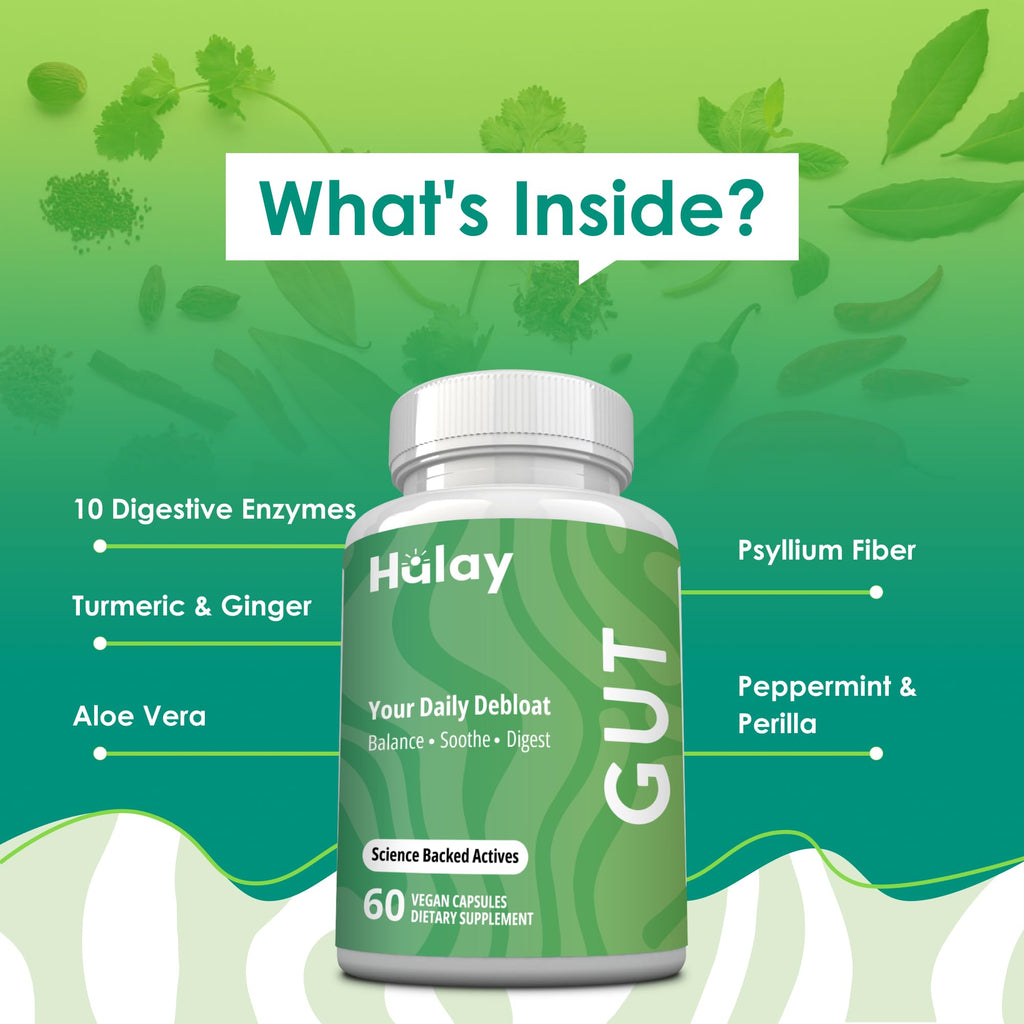 3-in-1 Gut Health Supplement - Debloat Pills - Gas and Bloating - Lactase, Protease, Amylase and Lipase Digestive Enzymes - Peppermint, Turmeric and Psyllium Husk Capsules