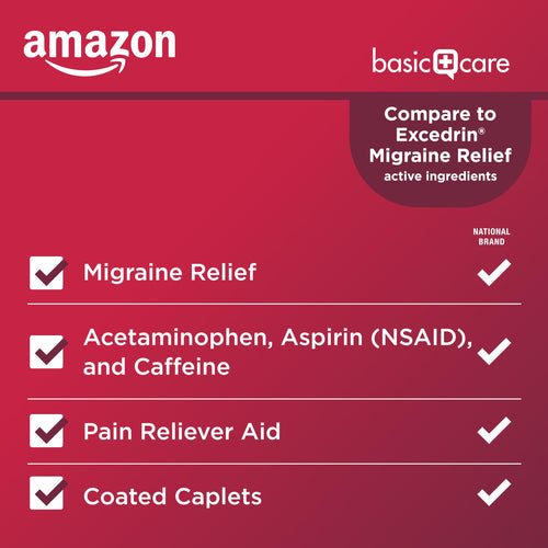 Amazon Basic Care Migraine Relief Acetaminophen, Aspirin (NSAID) and Caffeine Tablets, Pain Reliever/Pain Reliever Aid, 200 Count Amazon Basic Care buy supplements Au