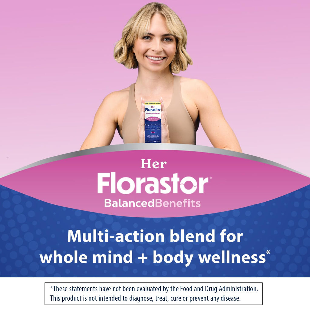 Florastor Probiotics for Women, Digest and De-Stress, Probiotics for Digestive Health, Vaginal Probiotic, and L-Theanine for Mind and Body Wellness, 60 Capsules