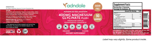 Adndale 180 CT Magnesium Glycinate Gummies 400 mg/Serv with Ashwagandha, Magnesium Malate & Taurate