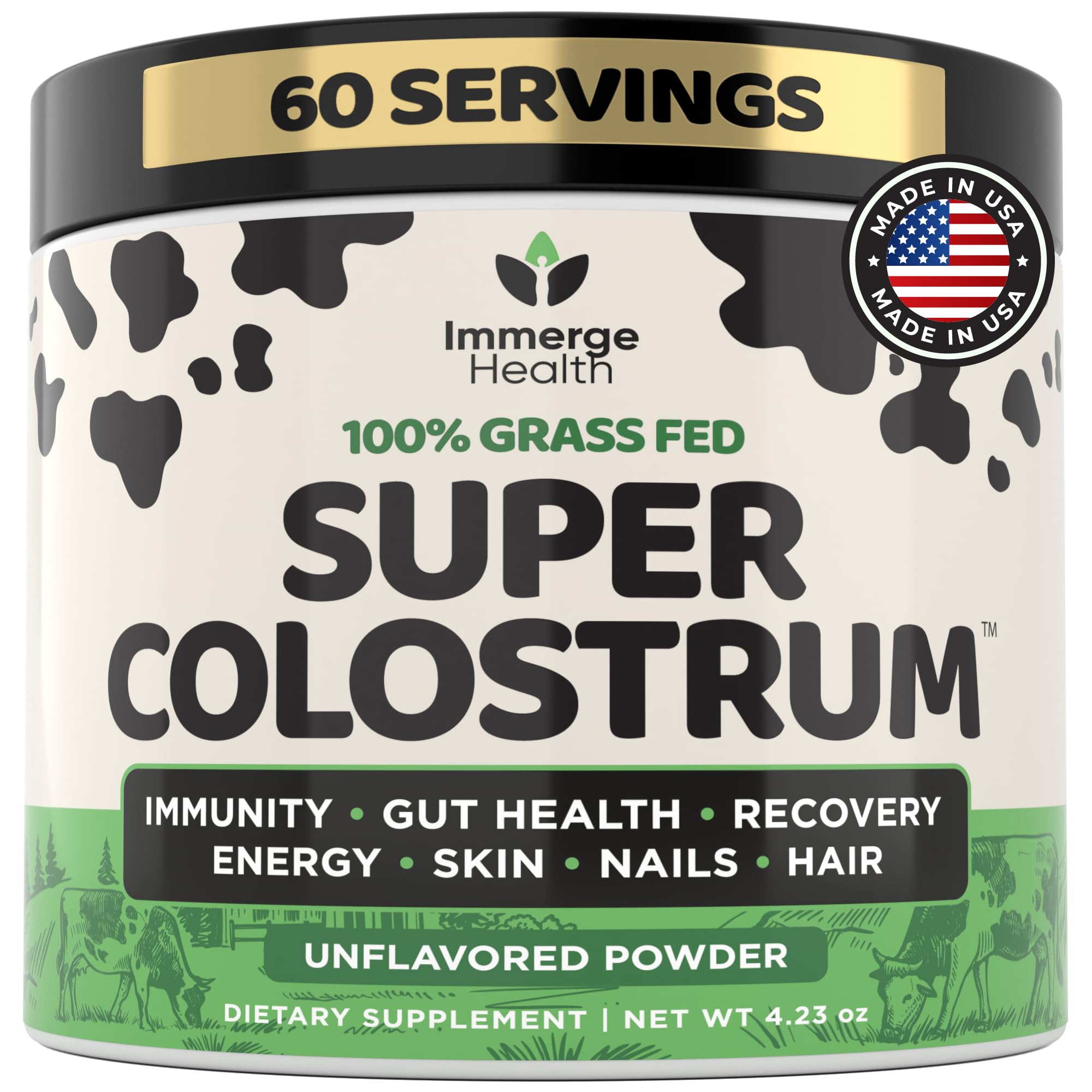 Immerge Health Super Colostrum Powder (60 Servings) – Premium Bovine Colostrum Supplement for Gut Health, Bloating & Immune Support – High IgG, 100% Grass Fed