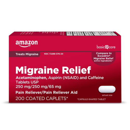 Amazon Basic Care Migraine Relief Acetaminophen, Aspirin (NSAID) and Caffeine Tablets, Pain Reliever/Pain Reliever Aid, 200 Count Amazon Basic Care buy supplements Au