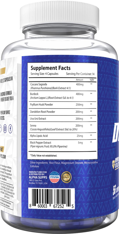 Alpha Supps Detox 14 Day Full Body Cleanse & Gut Support - Natural Detoxify Formula for Women & Men with Cascara Sagrada, Psyllium Husk & Senna Leaf
