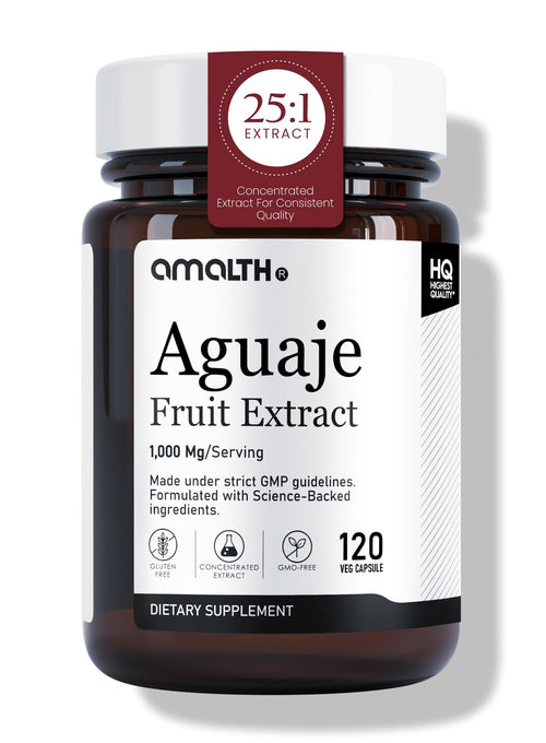 Amalth Aguaje Fruit Extract supplement bottle on a white background