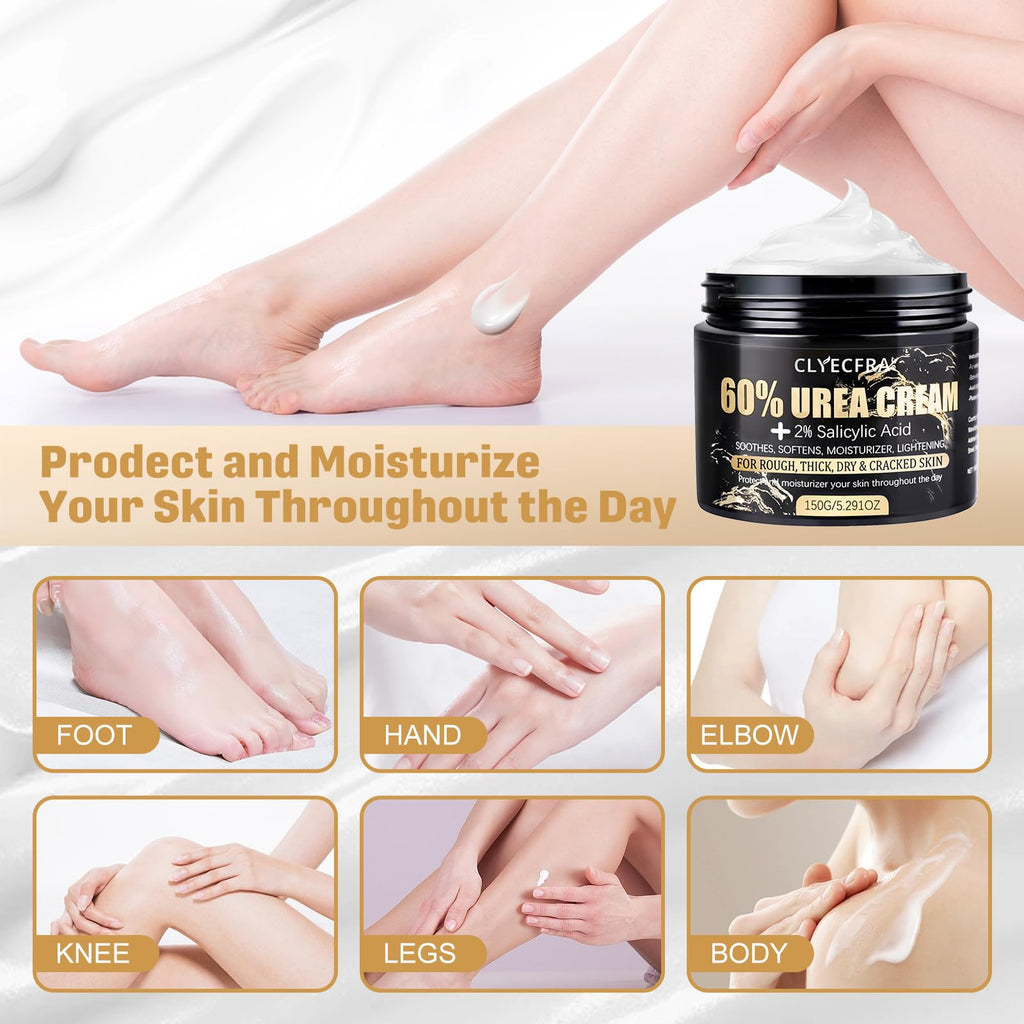 Clyecfra 60% Urea Cream with 2% Salicylic Acid, Urea Cream 60 Percent for Feet & Hands- Maximum Strength Moisturizer for Rough, Dry, Thick & Cracked Skin, Callus Remover, Deep Hydration, 150g