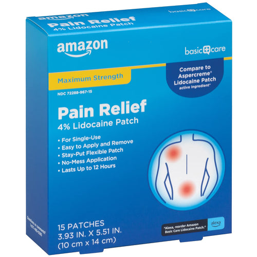Amazon Basic Care Maximum Strength OTC Pain Relief , 4% Lidocaine Patch, 3.9” x 5.5”, 15-Count Box (Previously HealthWise) Amazon Basic Care buy supplements Au