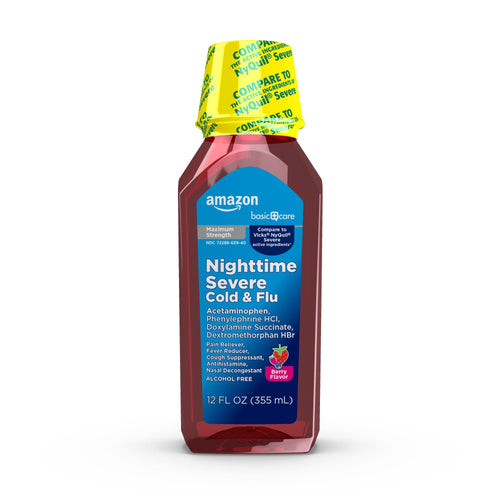 Amazon Basic Care Nighttime Severe Cold and Flu Syrup, Max Strength Liquid Medicine, Multi-Symptom Relief, for Adults and Children 12 Years and Older, Mixed Berry Flavor, 12 fl oz Amazon Basic Care buy supplements Au