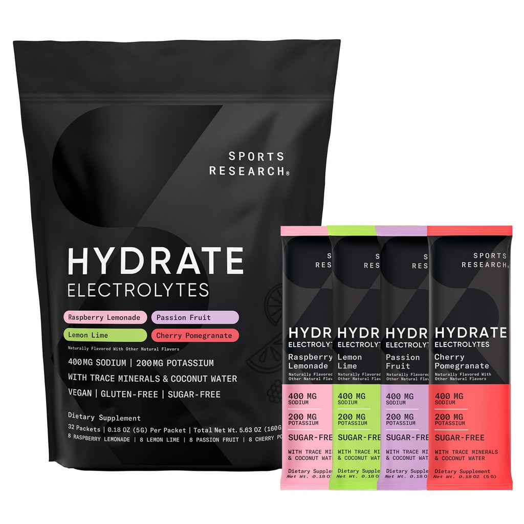 Sports Research® Hydrate Electrolytes Powder Packets - Sugar-Free & Naturally Flavored with Vitamins, Minerals, and Coconut Water
