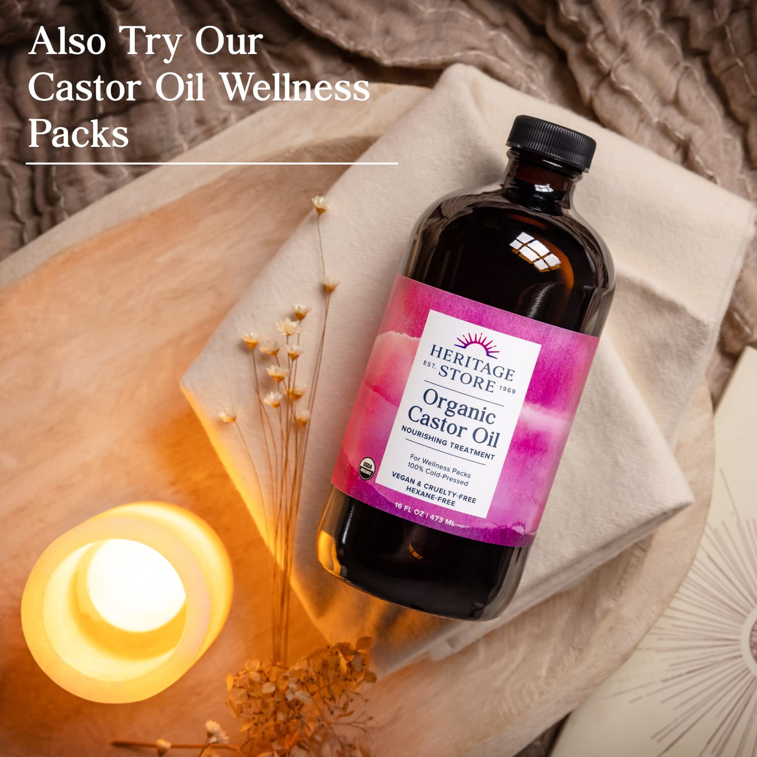 HERITAGE STORE Organic Castor Oil - Glass Bottle - Nourishing Treatment for Hair and Skin - Eyelash Serum for Eyelashes, Brows, Castor Oil Packs