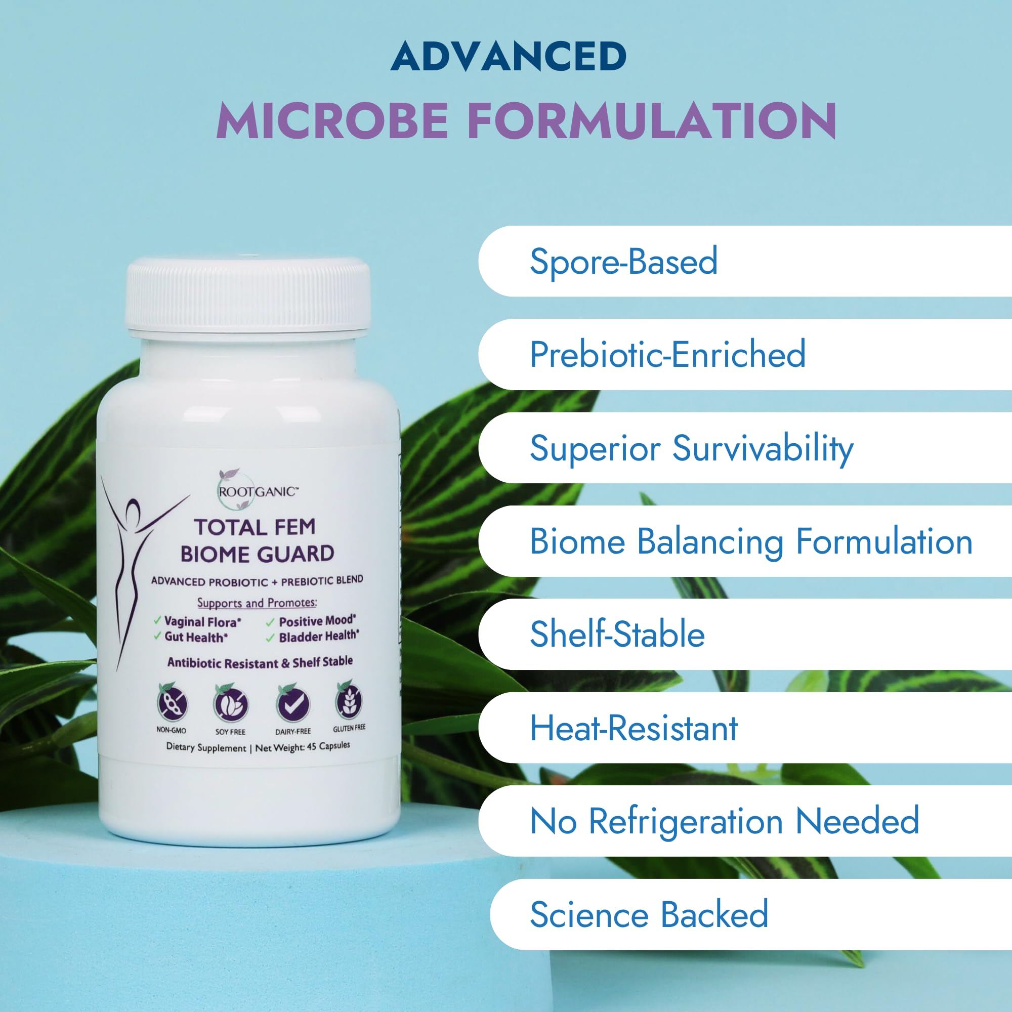 Rootganic Total Fem Biome Guard Pre+Probiotics for Women - Spore-Based Women's Probiotic with Prebiotics for Superior Vaginal Health Supplement and Gut Support - 45 Servings