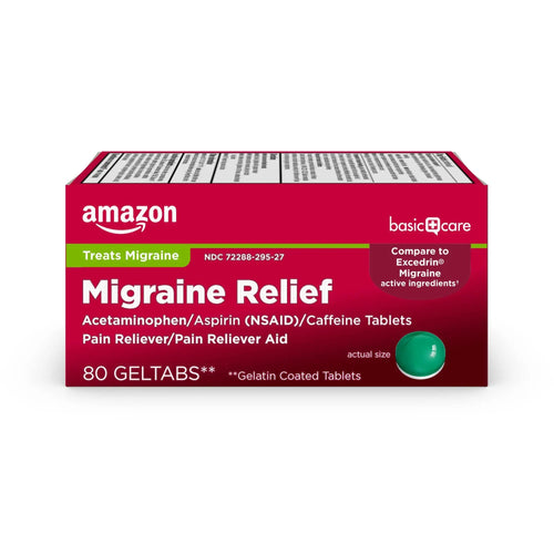 Amazon Basic Care Migraine Relief Geltabs, Pain Reliever, Acetaminophen 250 mg, Aspirin 250 mg (NSAID) and Caffeine 65 mg, Headache Relief, 80 Count Amazon Basic CareBuy Supplements Australia