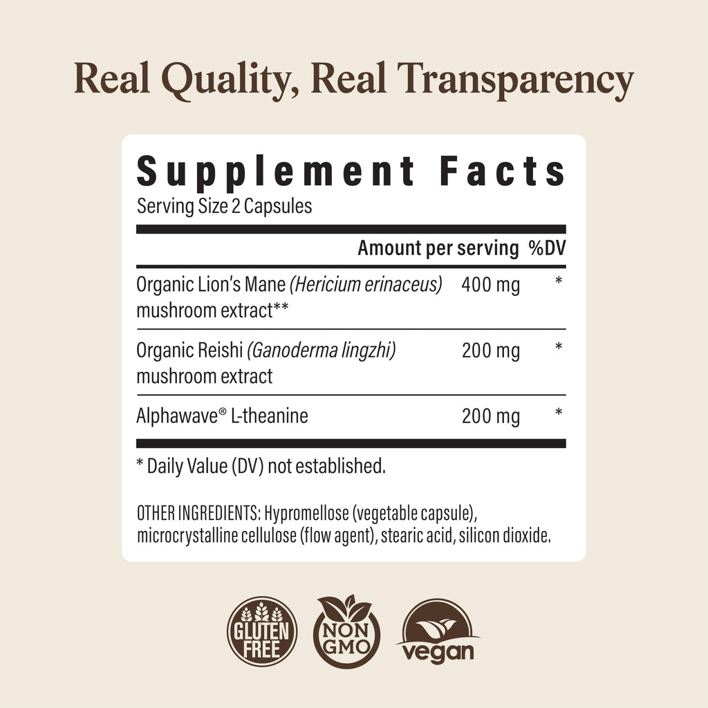 Real Mushrooms Calm Lions Mane Capsules (90 Count) – 400mg Organic Lions Mane Fruiting Body Extracts, 200mg Organic Reishi, 200mg AlphaWave L-Theanine for Calm Clarity & Relaxed Alertness, 90ct
