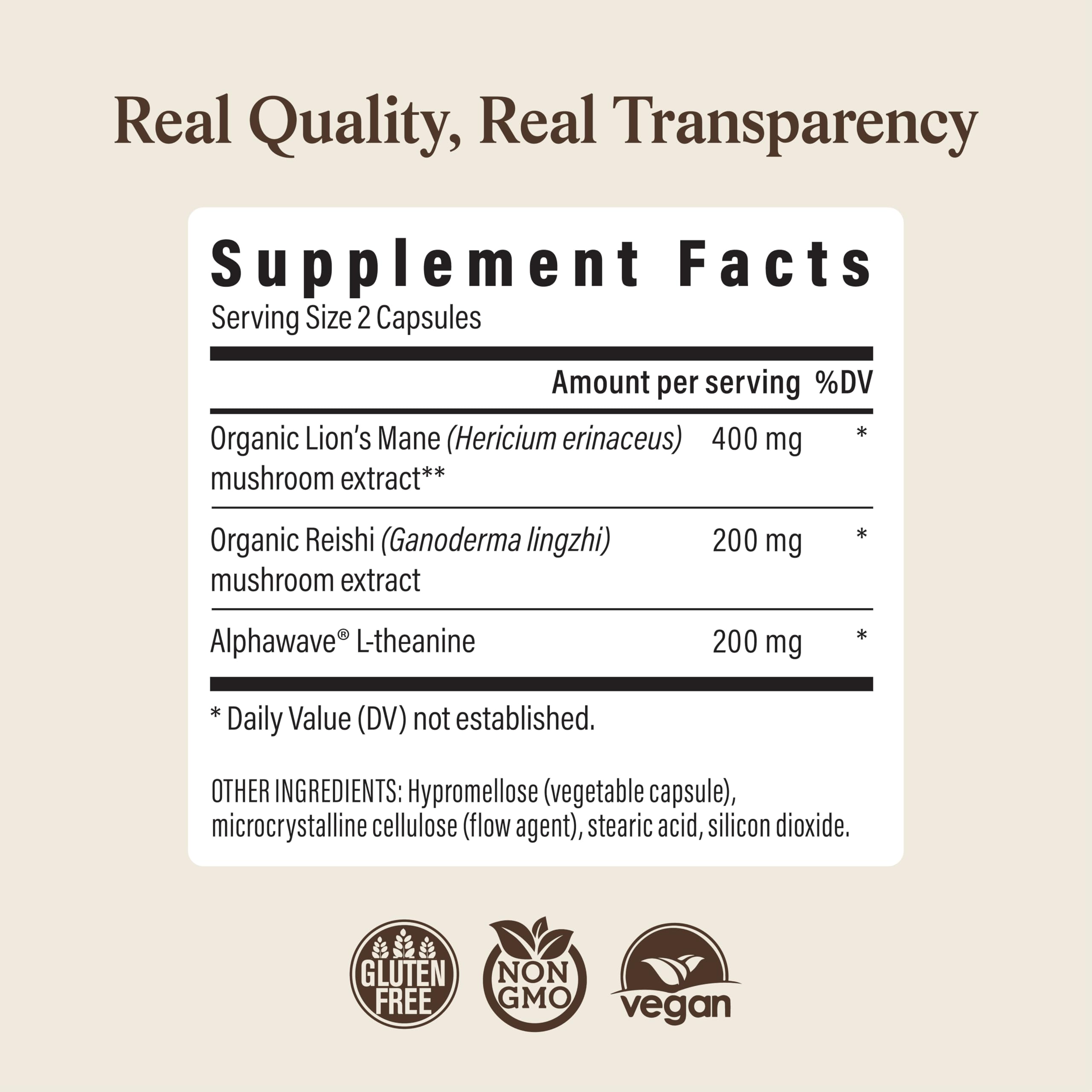 Real Mushrooms Calm Lions Mane Capsules (90 Count) – 400mg Organic Lions Mane Fruiting Body Extracts, 200mg Organic Reishi, 200mg AlphaWave L-Theanine for Calm Clarity & Relaxed Alertness, 90ct