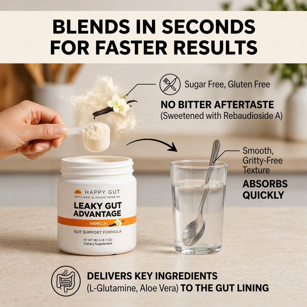 HAPPY GUT Leaky Gut Advantage - Doctor-Formulated Supplement for Discomfort - L-Glutamine, N-Acetyl-D-Glucosamine, Aloe Vera, DGL, Zinc - Vanilla Flavor, 192g