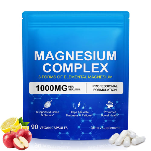Supplement package for magnesium complex with blue label, white capsules, and fruits on a white background
