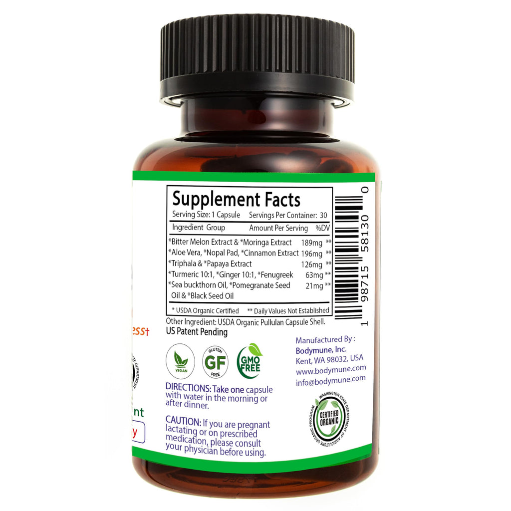 Bodymune Blood Sugar Blend – Organic Blood Sugar Support Supplement – with Bitter Melon Capsules, Moringa, & Black Seed Oil – 33 Capsules