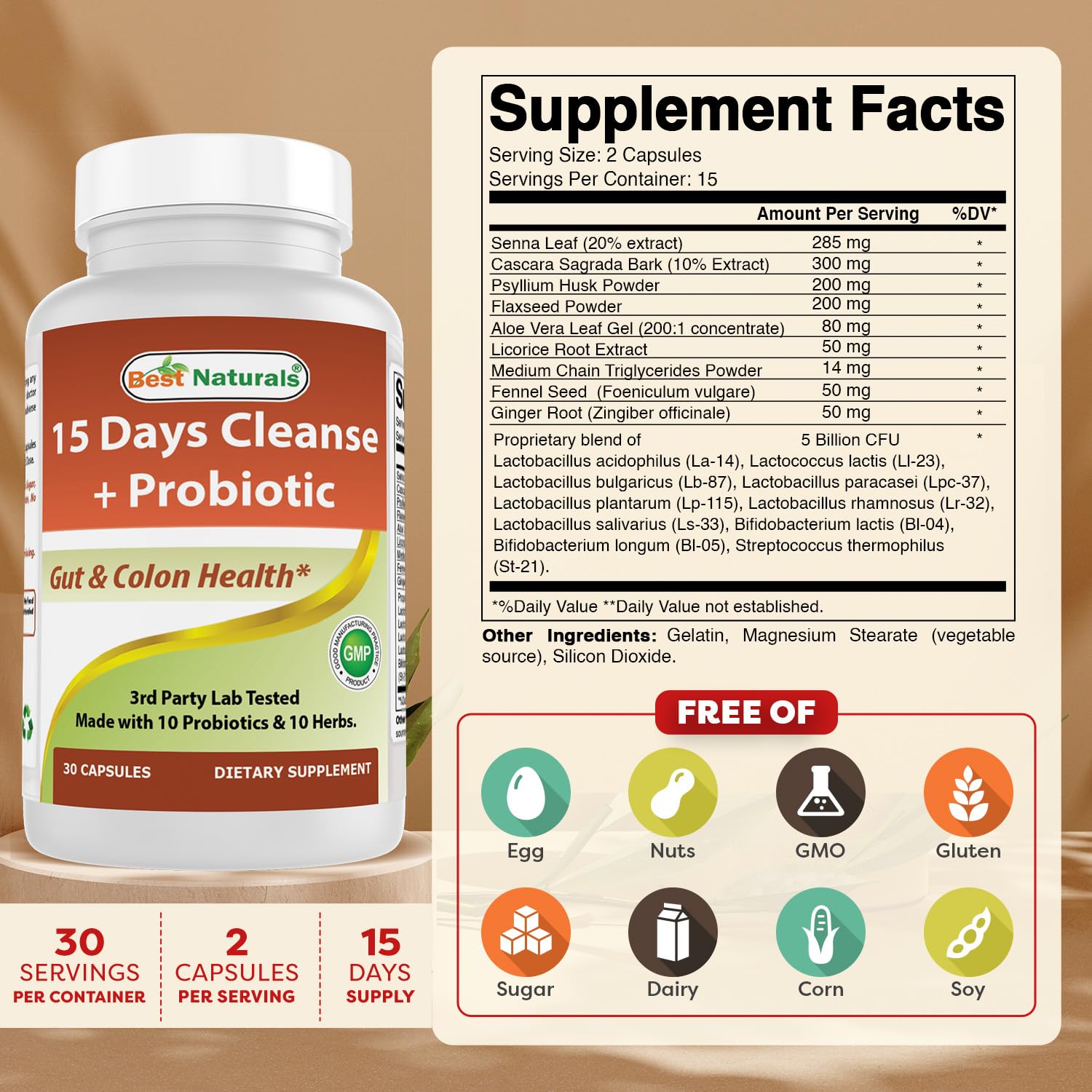 Best Naturals 15 Day Gut & Colon Cleanse + Probiotics for Women & Men with Senna, Cascara Sagrada & Psyllium Husk- 30 Capsules - Non-GMO & Gluten Free.