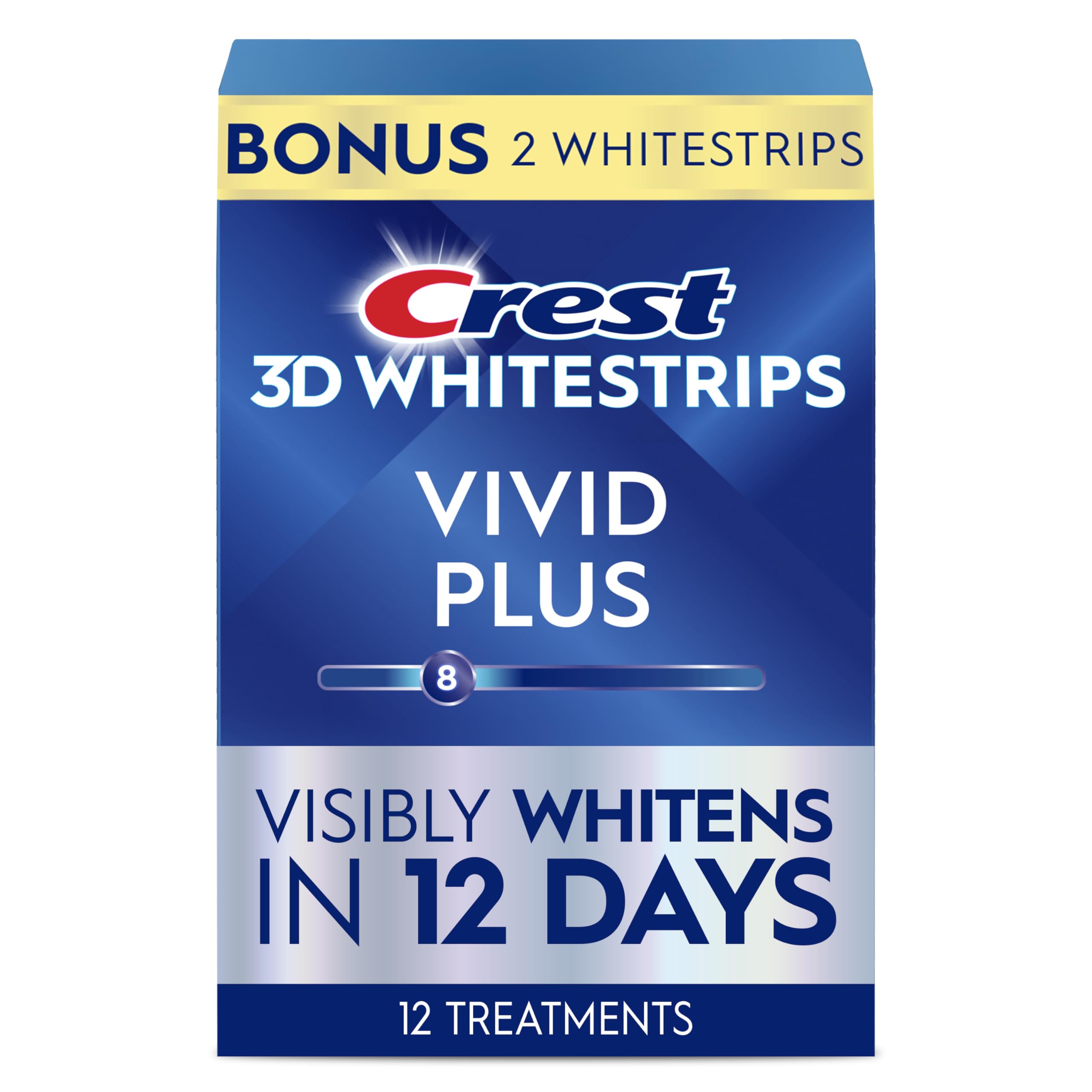 Crest 3D Whitestrips Vivid Plus, Teeth Whitening Strip Kit, 10 Treatments + 2 Bonus Treatments (Each with 1 Upper/1 Lower Strip), 24 Strips