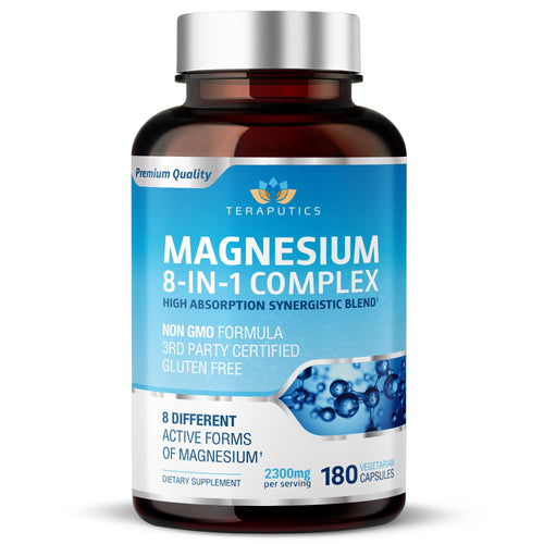 Supplement bottle labeled 'Magnesium 8-in-1 Complex' by Teraputics on a white background