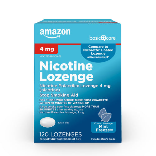 Box of Basic Care Nicotine Lozenge 4 mg on a white background