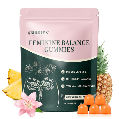 Package of 4Birdies Feminine Balance Gummies with pineapple slices and a flower on a white background