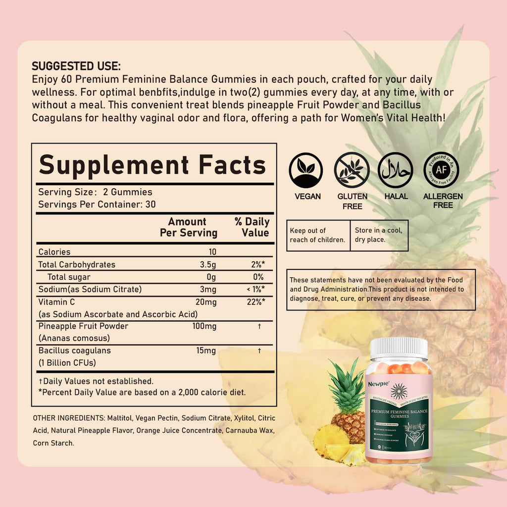 SUWENY Pineapple Gummies for Women ph Premium Feminine Balance Gummies for Women Health Immune Support Vegan, Gluten-Free & Halal-60 Gummies-30 Servings (1)