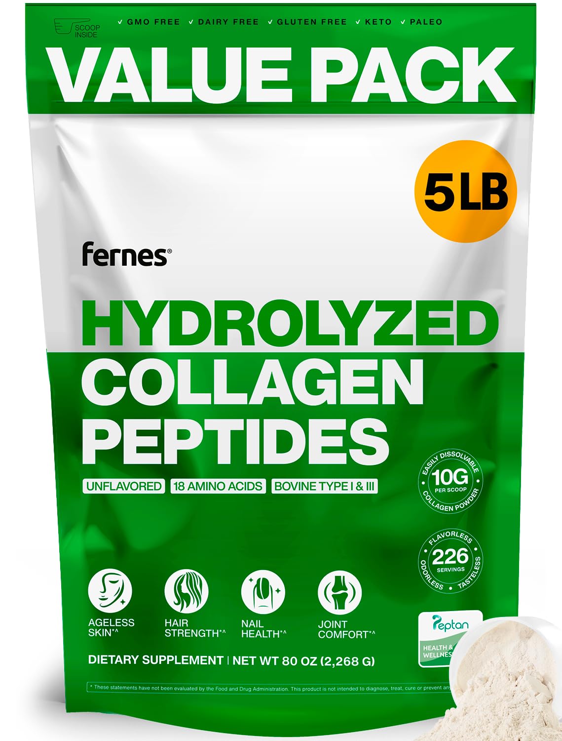 Fernes Collagen Powder for Women Men (5LB) Type I & III Flavorless & Odorless Easy-Mix Hydrolyzed Peptan Protein Peptides Joint Hair Skin & Nail Support Gluten-Free