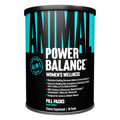 Black and teal supplement container labeled 'Power Balance Women's Wellness' on a white background