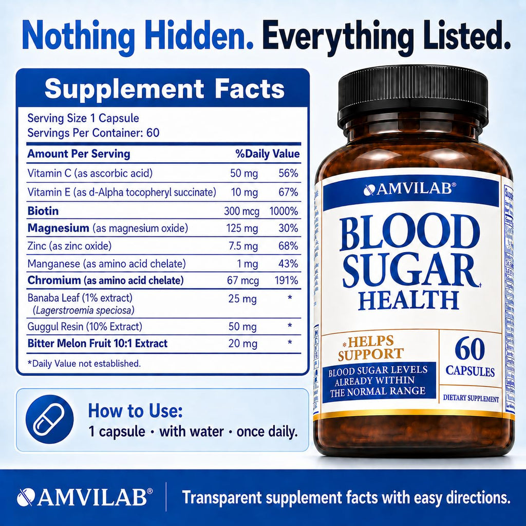 AMVILAB Blood Sugar Health Natural 20 Herbs and Vitamins with Cinnamon, Alpha Lipoic Acid to Support Health, Non-GMO, for Men Women, Supports Healthy Energy Levels