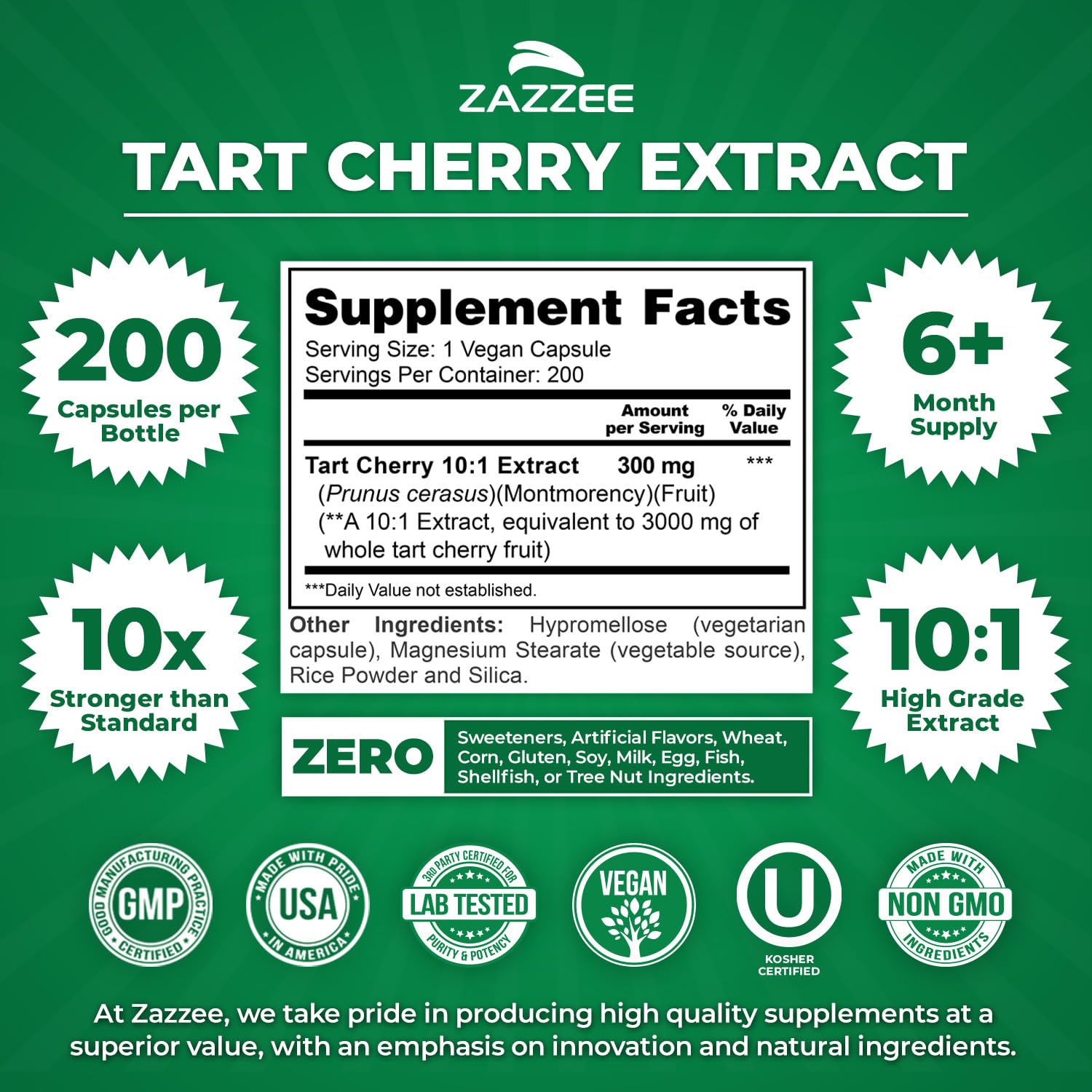 Zazzee Tart Cherry 10:1 Extract, 200 Vegan Capsules, 6+ Month Supply, Montmorency Cherry, Certified Kosher, Joint & Uric Acid Support, Antioxidant Support Formula,
