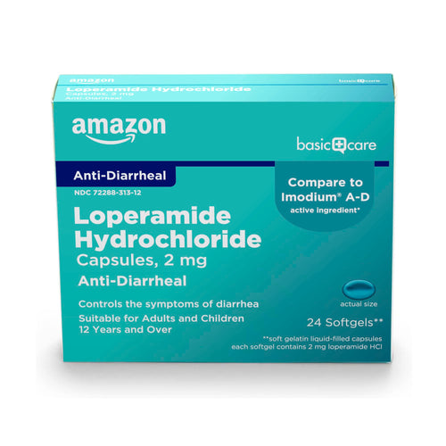 Amazon Basic Care Loperamide Hydrochloride packaging on a white background