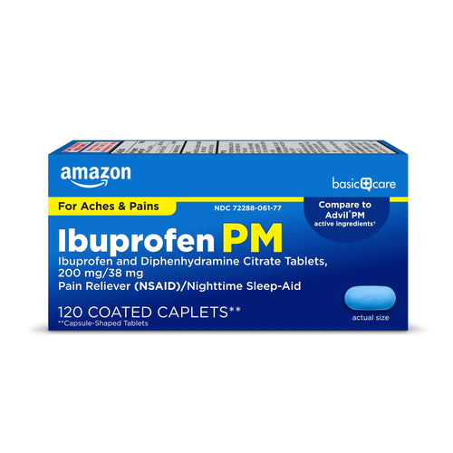 Amazon Basic Care Ibuprofen PM, Ibuprofen 200 mg and Diphenhydramine Citrate 38 mg, Pain Reliever and Nighttime Sleep-Aid, Capsule-Shaped Tablets, 120 Count Amazon Basic CareBuy Supplements Australia