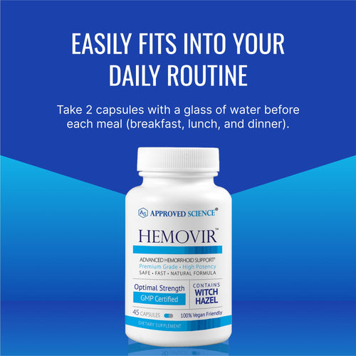 Approved Science Hemovir - Hemorrhoid Support Supplement - Witch Hazel, Horse Chestnut - 45 Capsules - 1 Bottle - Vegan Approved ScienceBuy Supplements Australia