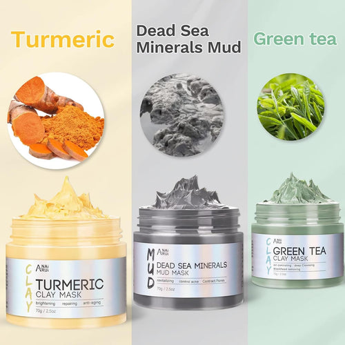ANAI RUI 3 Pcs Face Mask Set - Turmeric Clay Mask - Green Tea Face Mask - Dead Sea Mud Mask for Oily Skin, Blackheads & Pores -Spa Gift Set Self