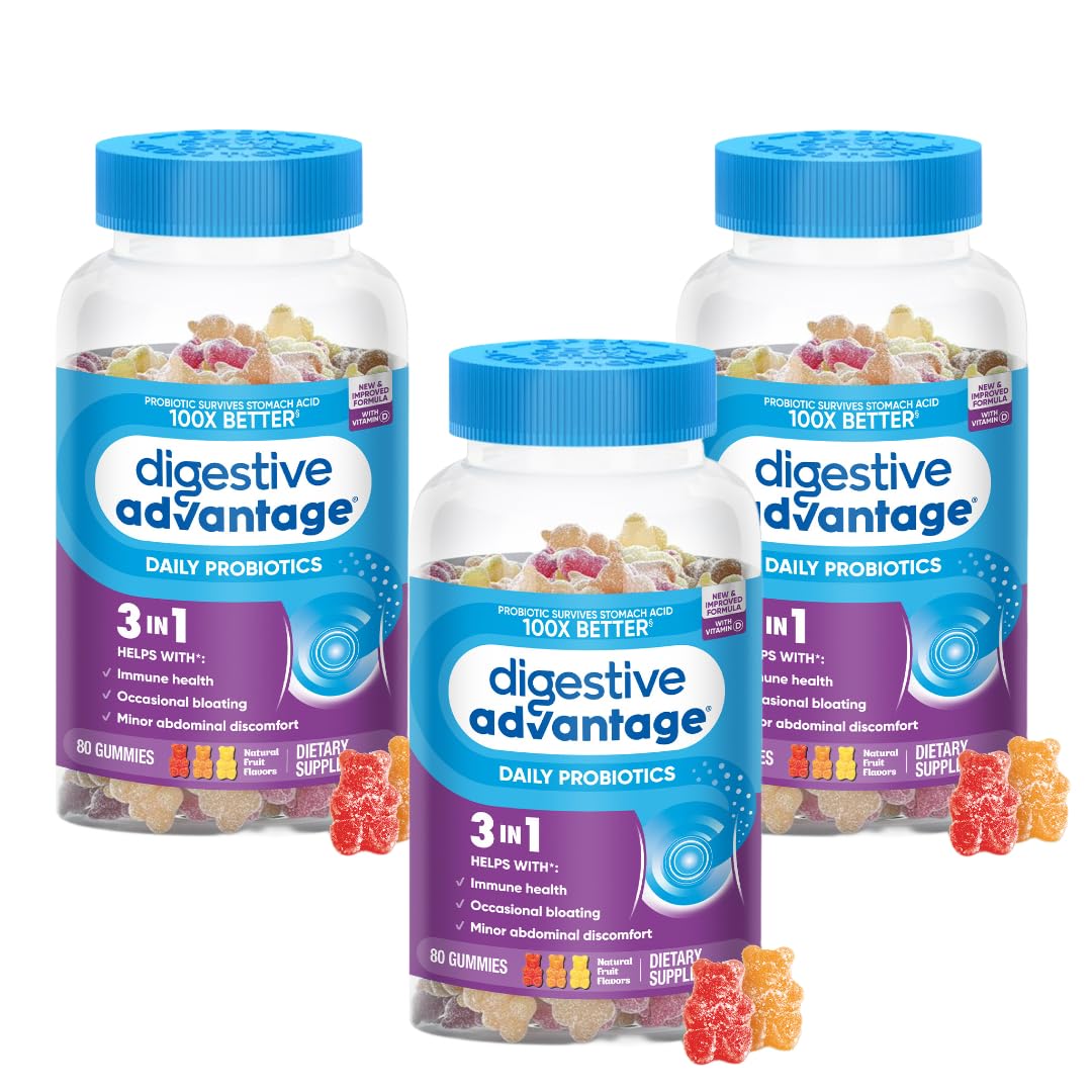 Digestive Advantage Daily Probiotic Gummies for Digestive Health, Gut Health & Immune Support, Probiotics for Men and Women (80ct) - Delicious Natural Fruit Flavor* (Pack of 3)