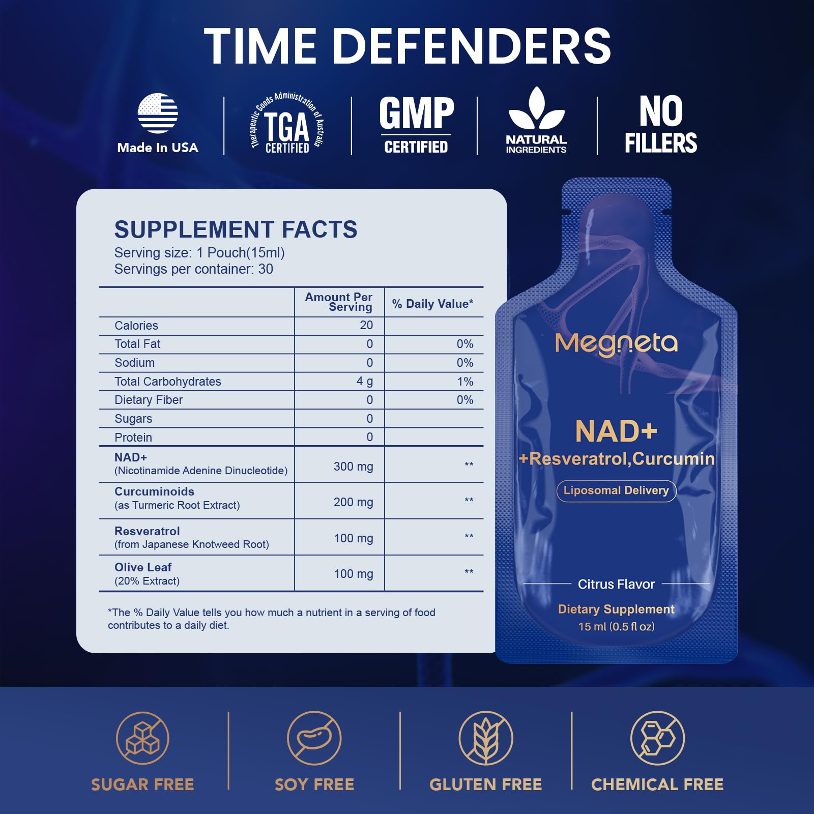 MEGNETA Liposomal NAD+ Supplement with Resveratrol, Anti-Aging, Energy Boost & Cellular Health Support, 15.2 fl. oz NAD Liquid for Men & Women (30 Pouch)